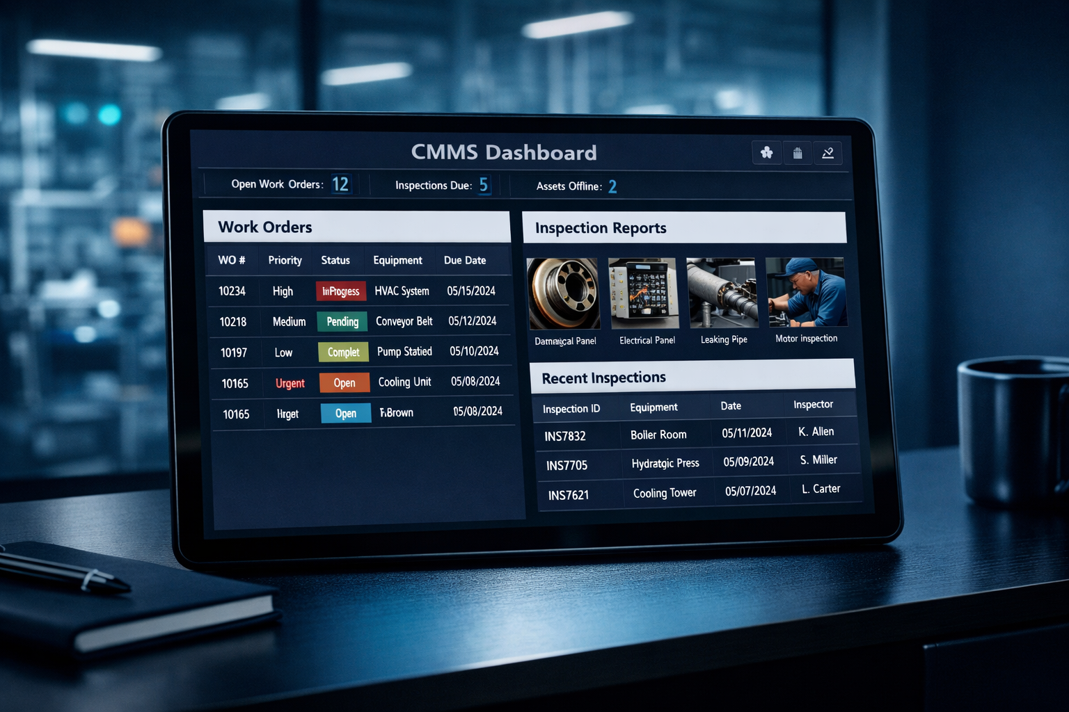 CMMS dashboard displaying work orders and inspection reports